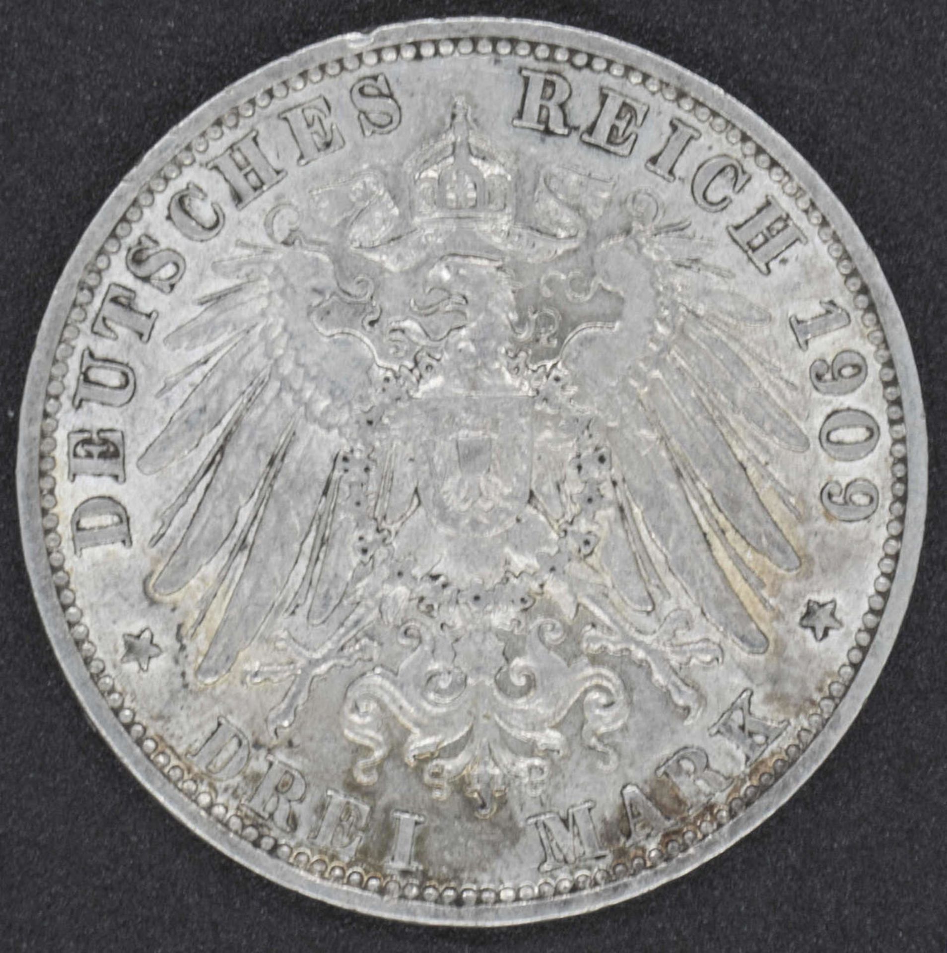 German Empire Prussia 1909 A, 3.- Mark - silver coin "Wilhelm II.". Jaeger 103 VF. - Bild 2 aus 2