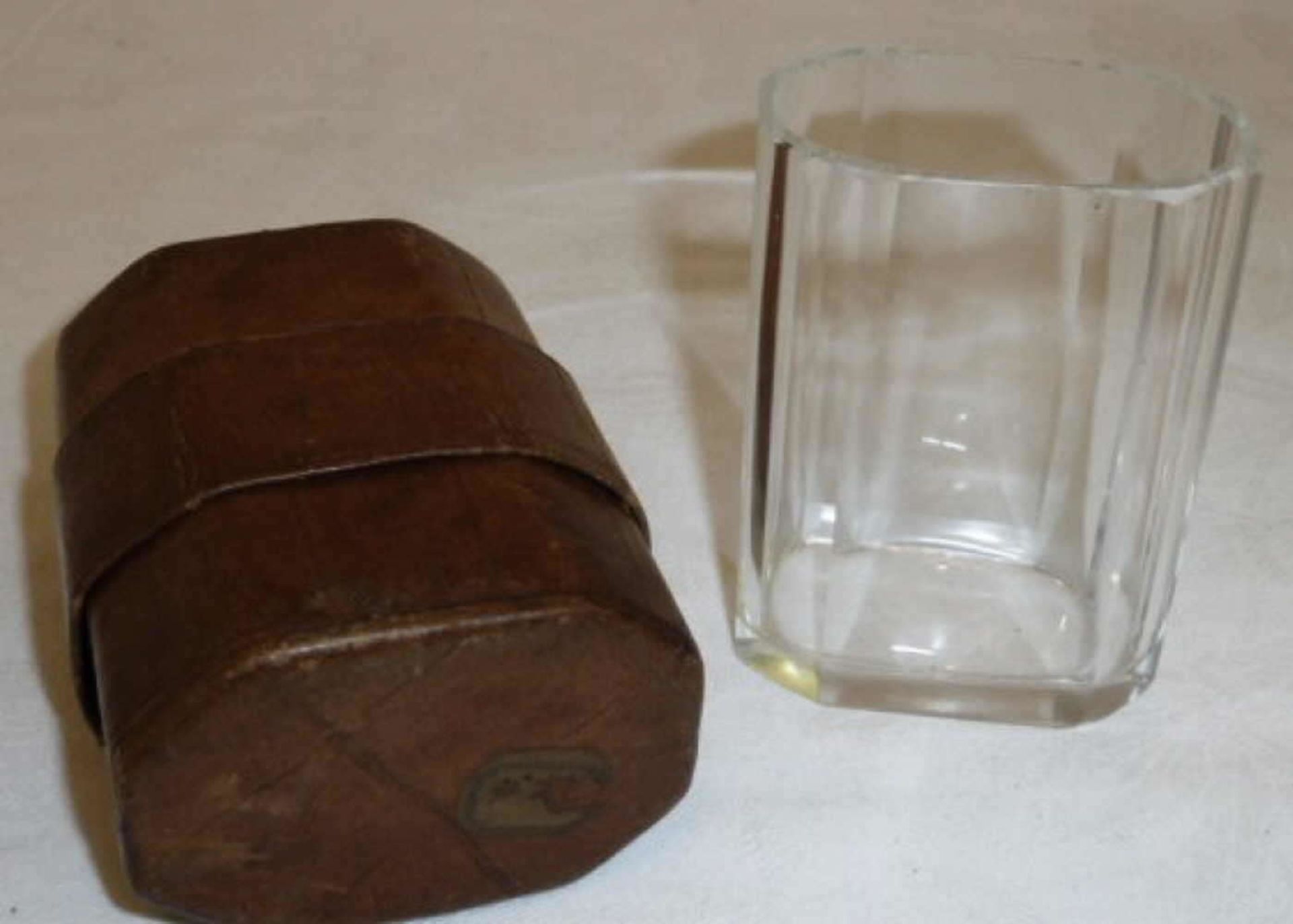 1 Biedermair travel glass in leather case Top condition, height approx 10cm.