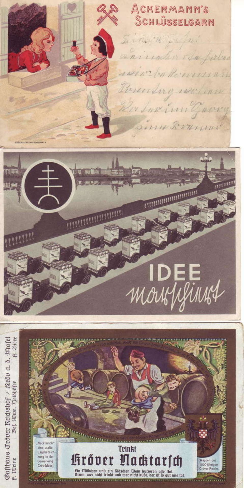 German Reich, three different advertising - postcards, Us, various condition. Please visit.