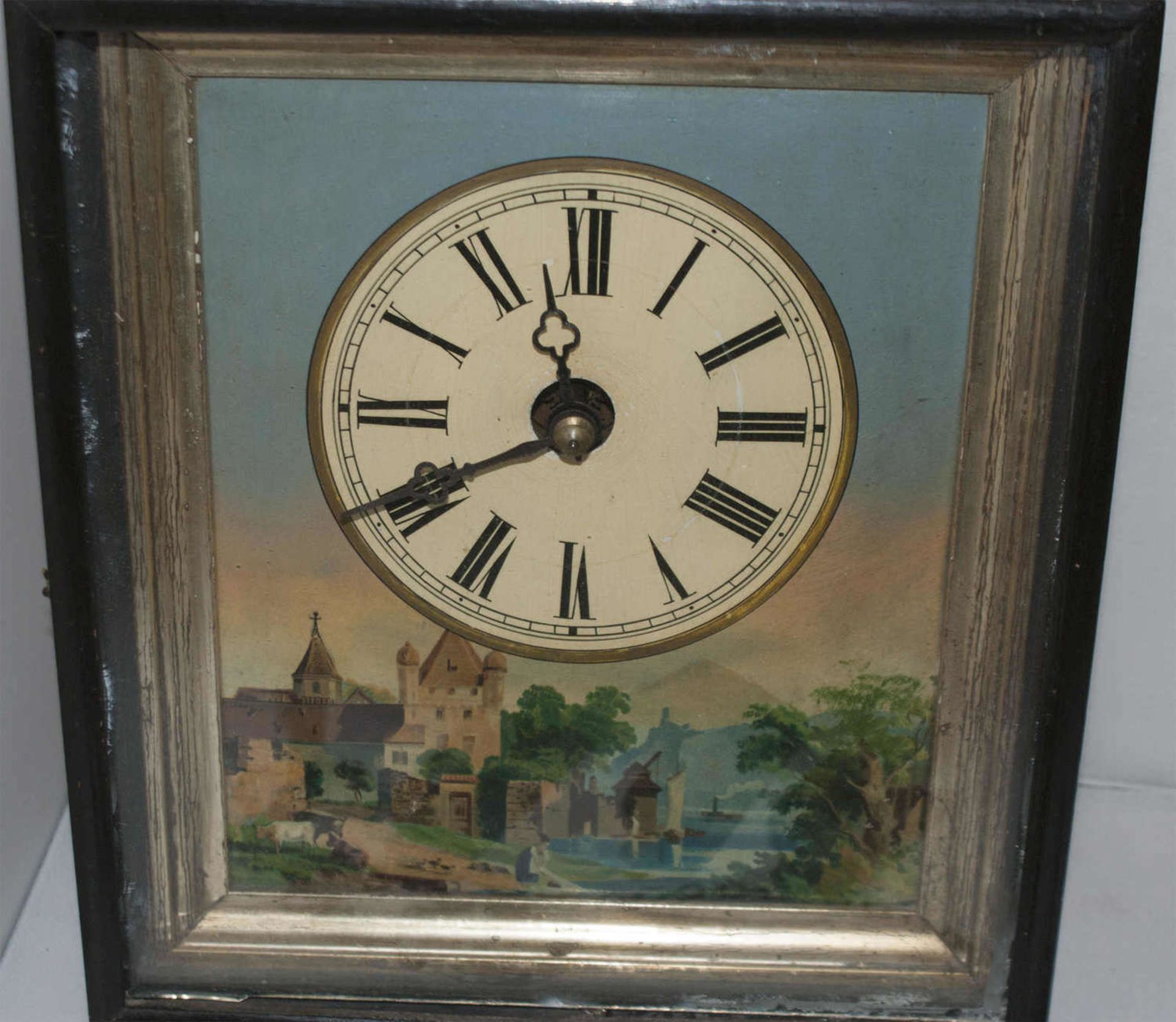 Wall clock, painted with village scene, probably Switzerland. With 3 weights. Function not tested. - Bild 2 aus 3