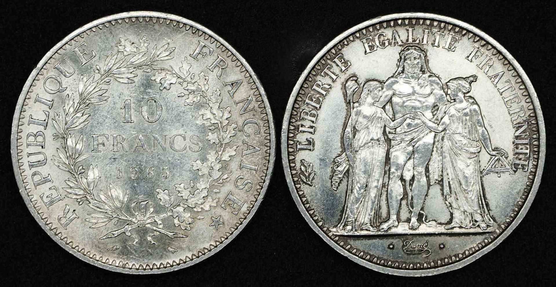 France 1965, two 10th - Francs - silver coins. Condition: XF. - Image 2 of 2