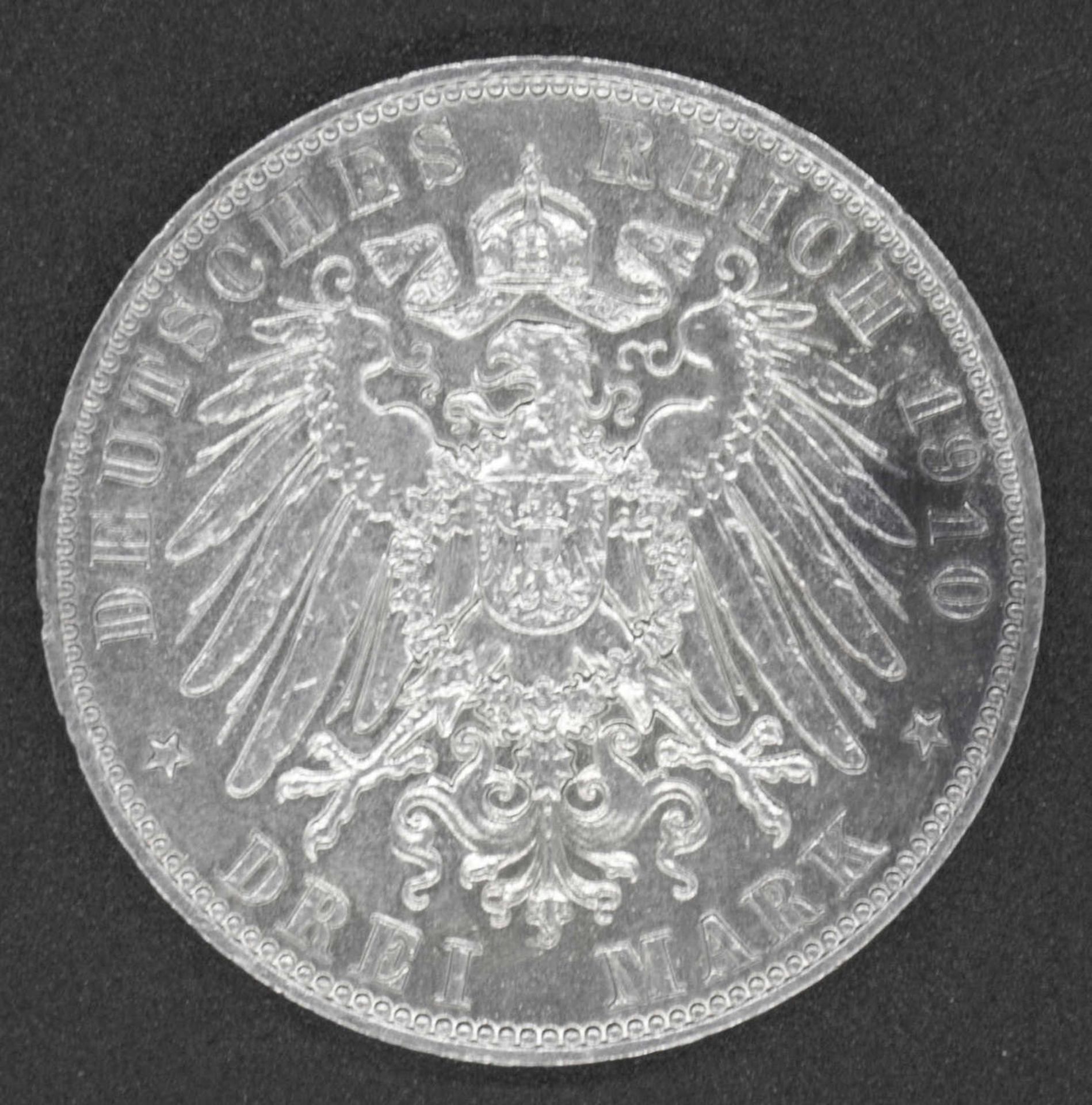 German Empire Saxony 1910 E, 3rd Mark - silver coin "Friedrich August III." Jaeger 135. VF. - Bild 2 aus 2
