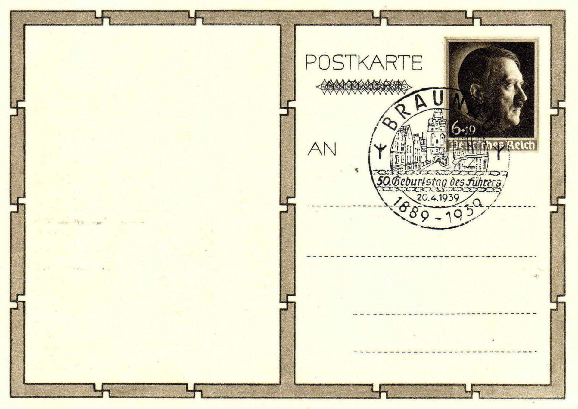 German Reich 1939, postal stationary 278/3 with special cancellation "Braunau 20.4.1939".