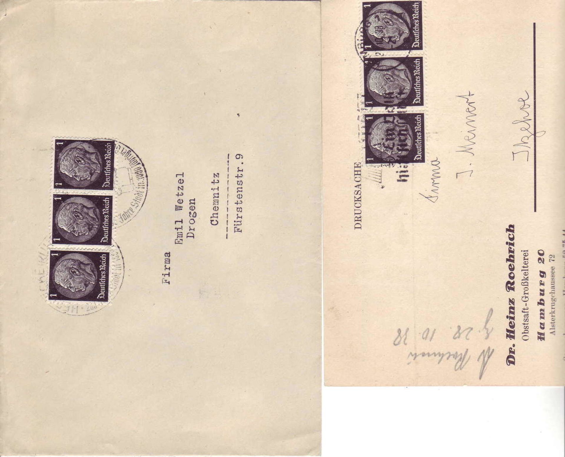 German Reich 1933, four documents with Mi. - No. 512 as multiple franking.