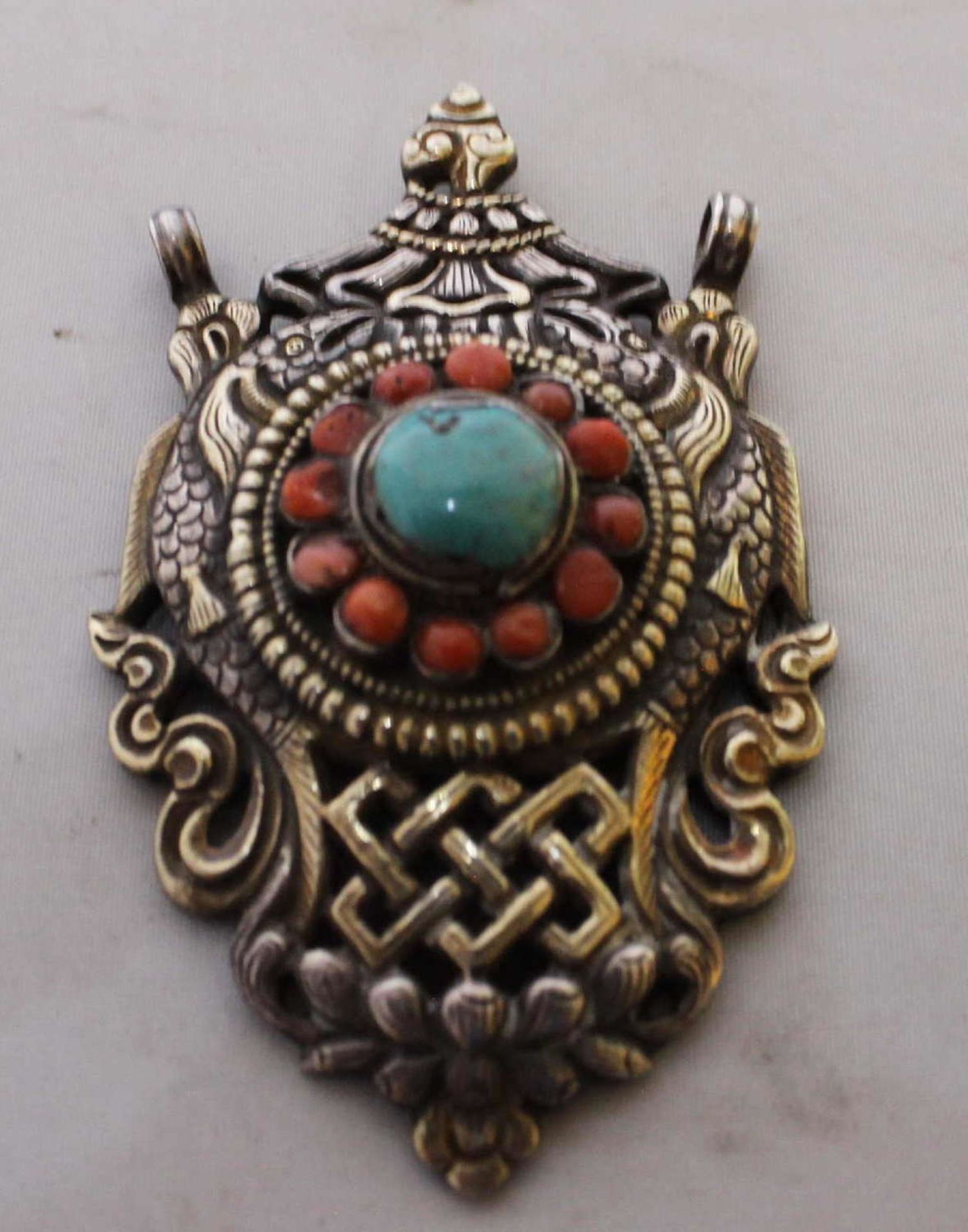 fancy silver pendant set with coral and turquoise. Great look!