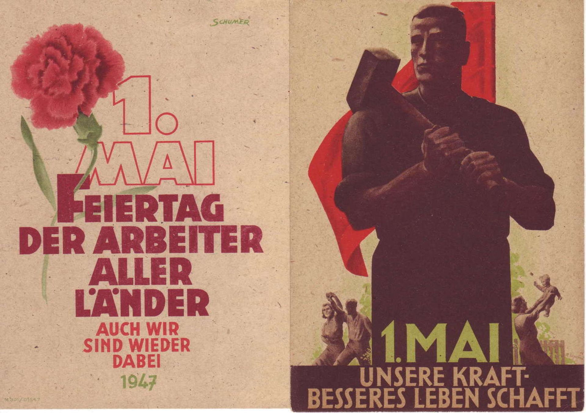 SBZ, two propaganda cards "1 May 1947/1948". With special stamp.