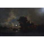 19th century Continental School Moonlight river scene oil on canvas 52cm x 80cm