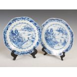 A pair of Chinese porcelain blue and white octagonal shaped plates, Qing Dynasty, decorated with