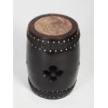 A Chinese dark wood and mother of pearl inlaid barrel shaped stool, Qing Dynasty, the circular top