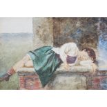 Follower of Sir John Everett Millais (19th century) Young girl asleep watercolour, signed with