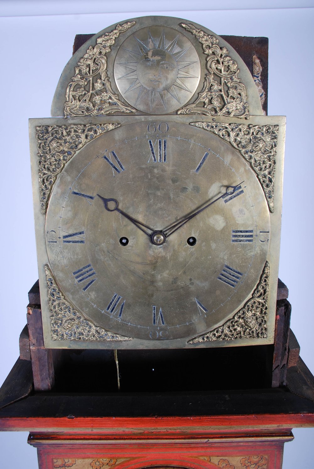 A George III red lacquer longcase clock, unsigned, the brass dial with Roman numerals, the twin - Image 4 of 14