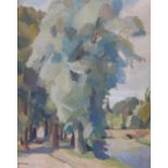 AR Charles James McCall (1907-1989) Tree lined canal , Bruges oil on board, signed lower left 39.5cm