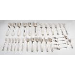 A six place setting composite suite of George III silver flatware, comprising; six table spoons,