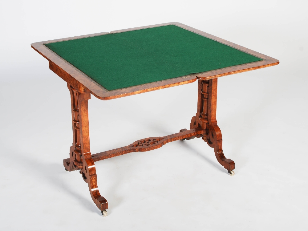 A Victorian walnut and marquetry inlaid card table, the hinged rectangular top with a moulded edge - Image 7 of 9