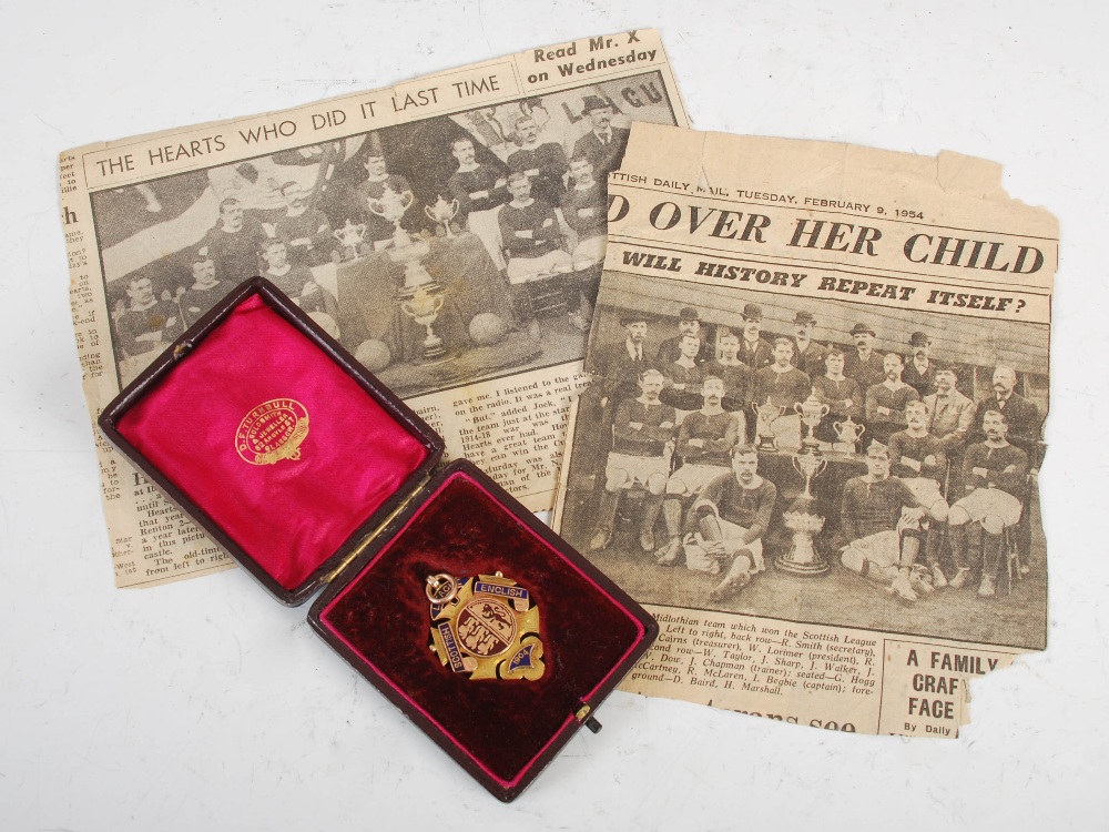 A 15ct gold and enamel Scottish English League 1904 football medal, in fitted cased inscribed on the