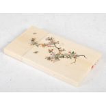 A Japanese ivory and Shibayama card case, Meiji Period, decorated with peony, blossom branch,