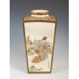 A Japanese Satsuma pottery vase, Meiji Period, of tapered square form decorated with panels of