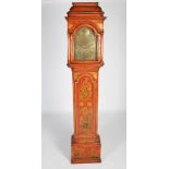 A George III red lacquer longcase clock, unsigned, the brass dial with Roman numerals, the twin