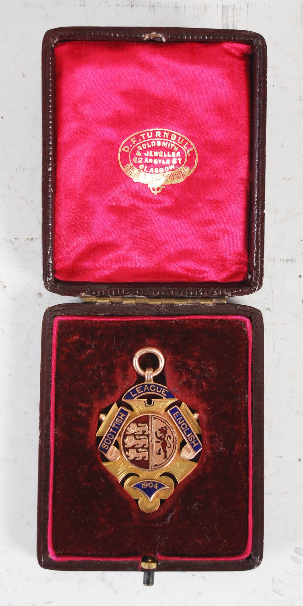A 15ct gold and enamel Scottish English League 1904 football medal, in fitted cased inscribed on the - Image 2 of 8