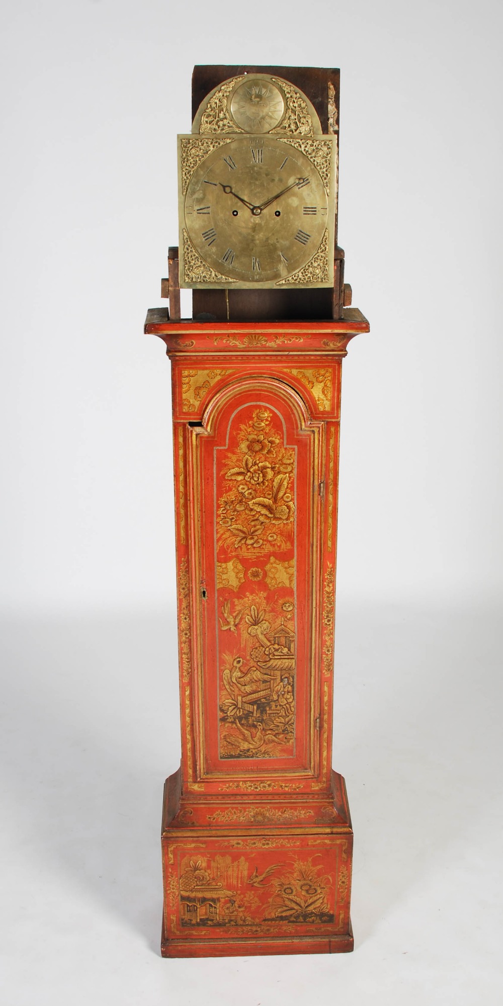 A George III red lacquer longcase clock, unsigned, the brass dial with Roman numerals, the twin - Image 3 of 14