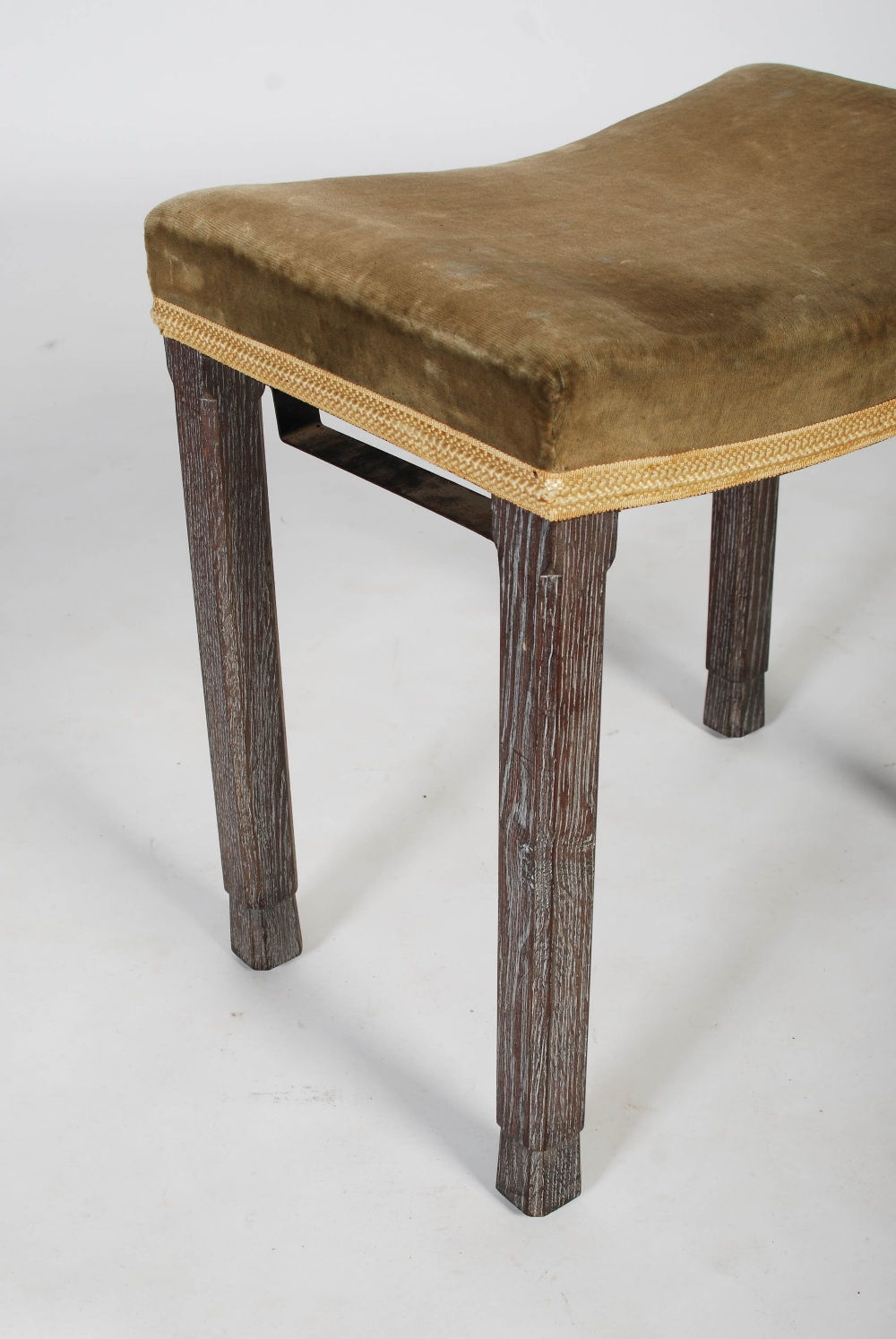 A George VI Coronation stool by Maple & Co., limed oak with velvet upholstered seat and gold - Image 2 of 9