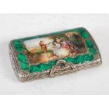 A Continental silver and enamel snuff/ cigarette box, the hinged cover decorated with a