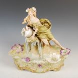 A Royal Dux Art Nouveau porcelain figure group of girl by a pond, applied triangle mark and