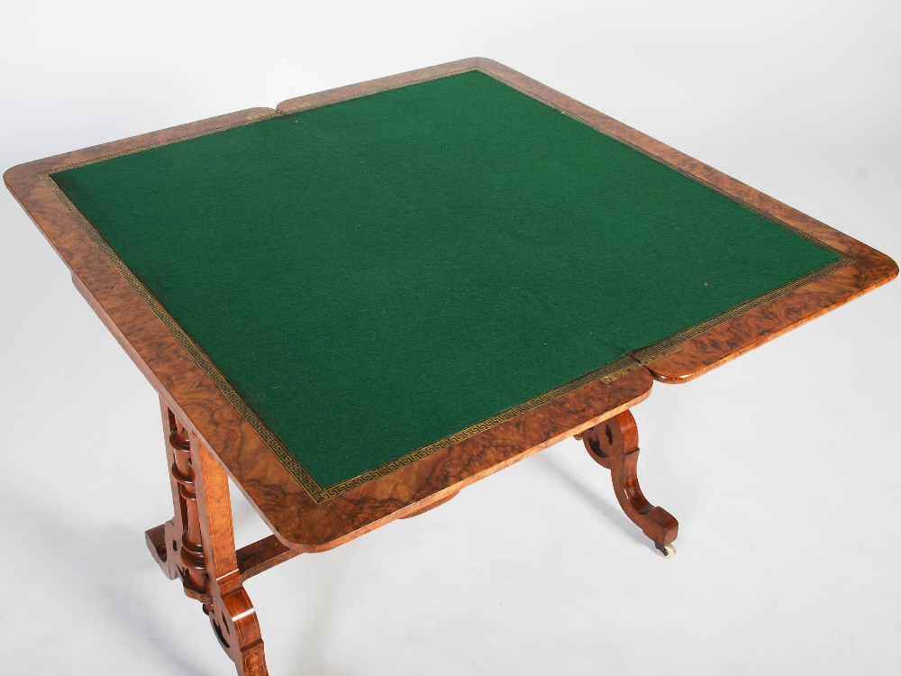 A Victorian walnut and marquetry inlaid card table, the hinged rectangular top with a moulded edge - Image 8 of 9