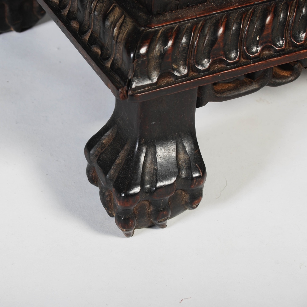 A Chinese dark wood display cabinet, Qing Dynasty, the pierced and scroll carved foliate frieze - Image 4 of 8