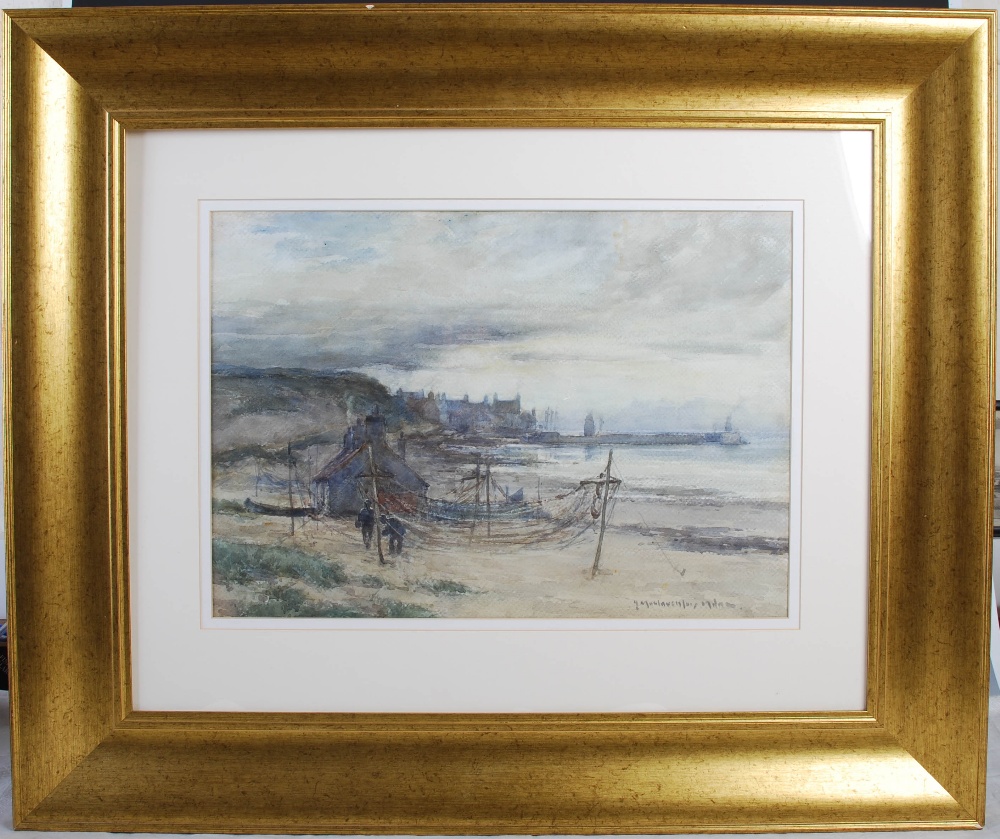 AR John Maclauchlan Milne RSA (1886-1957) Coastal scene, tending the nets watercolour. signed - Image 2 of 4