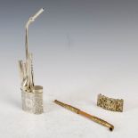 A group of Chinese objects to include a white metal opium pipe, a bamboo and gilt metal opium pipe