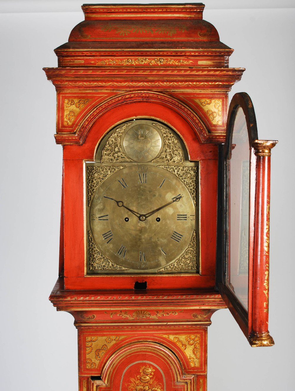 A George III red lacquer longcase clock, unsigned, the brass dial with Roman numerals, the twin - Image 2 of 14