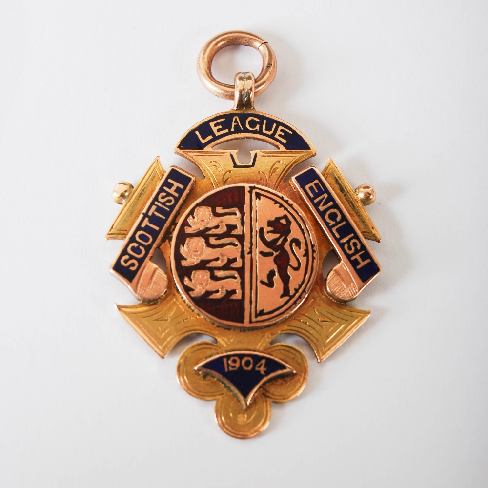 A 15ct gold and enamel Scottish English League 1904 football medal, in fitted cased inscribed on the - Image 5 of 8