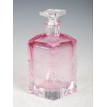 A Moser clear and pink tinted glass decanter and stopper, with wheel cut decoration of flowers and