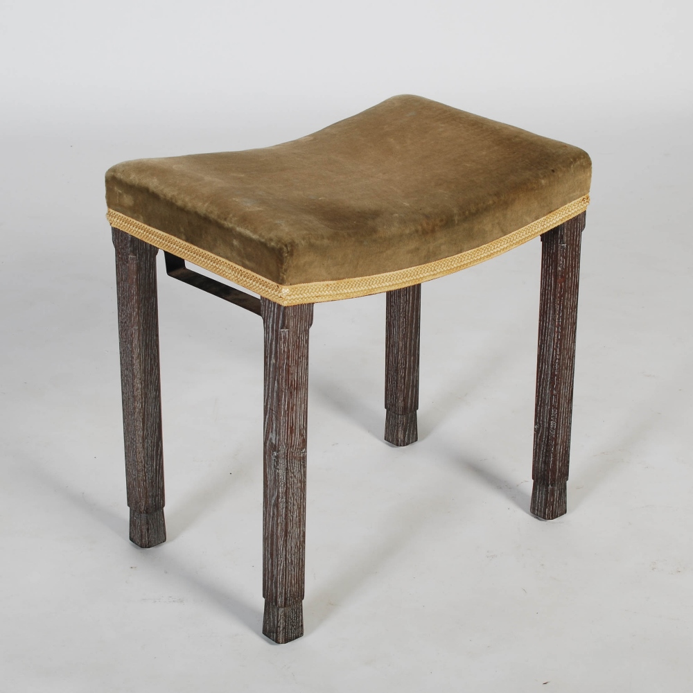 A George VI Coronation stool by Maple & Co., limed oak with velvet upholstered seat and gold