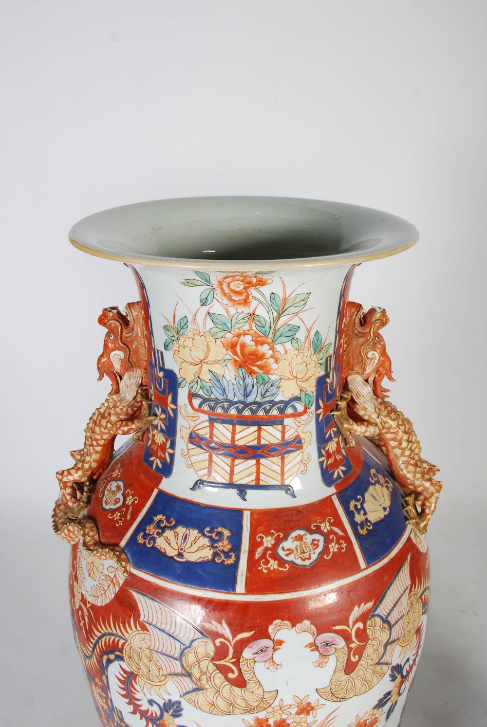 A large pair of modern Chinese porcelain Imari floor vases on stands, 20th century, decorated with - Image 2 of 10