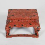 A Chinese red lacquer stand, Qing Dynasty, the rectangular top carved with long tailed birds, pine