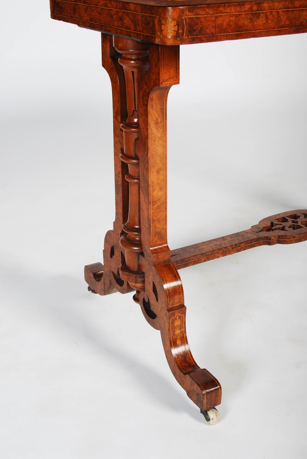 A Victorian walnut and marquetry inlaid card table, the hinged rectangular top with a moulded edge - Image 2 of 9
