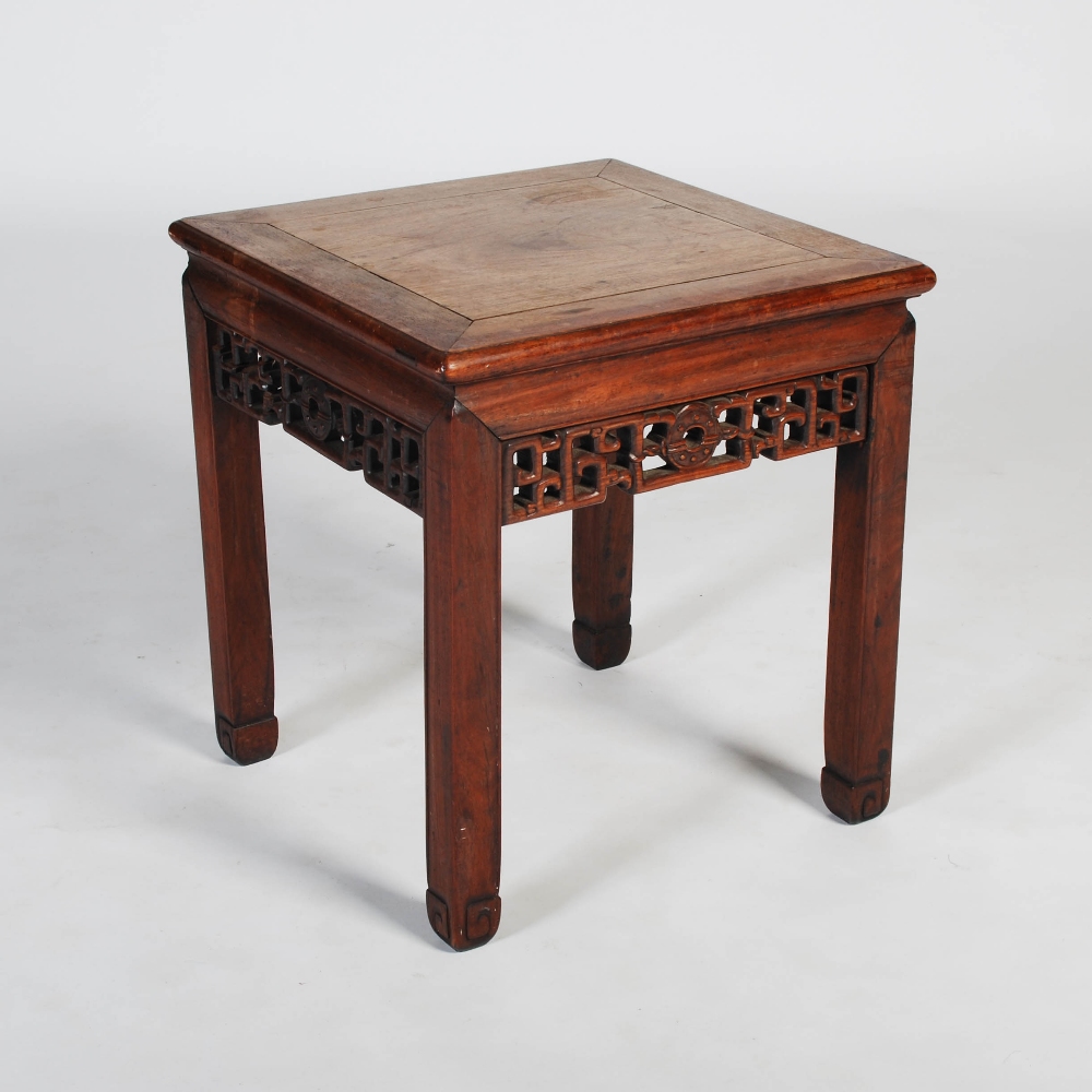 A Chinese dark wood square shaped occasional table, late 19th/early 20th century, the square