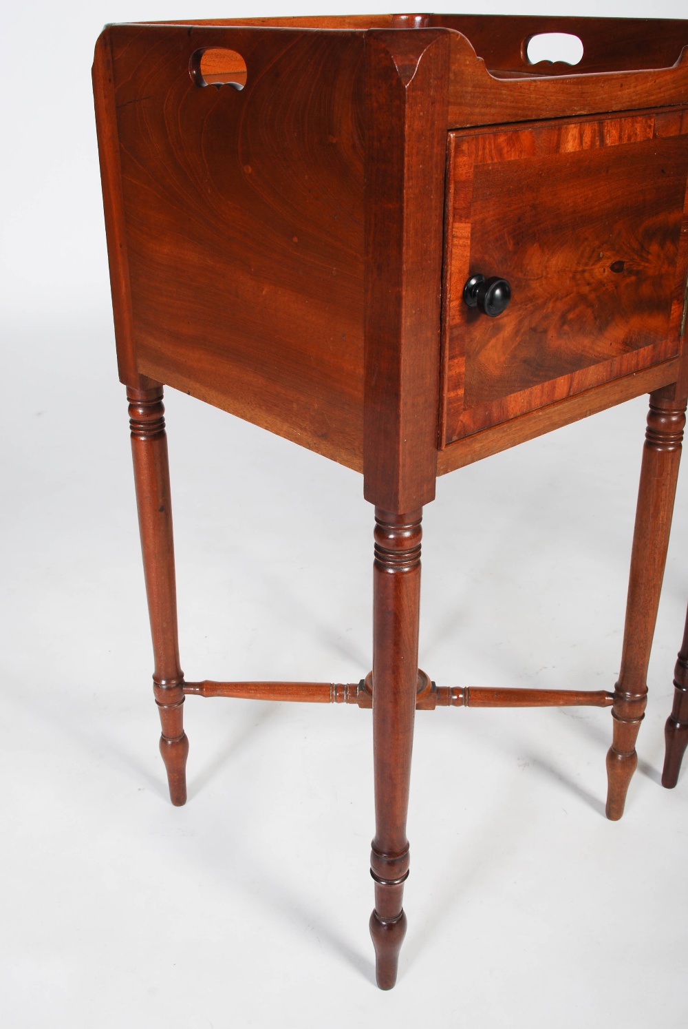 A pair of 19th century mahogany bedside lockers, the square tops with three quarter galleries and - Image 4 of 8