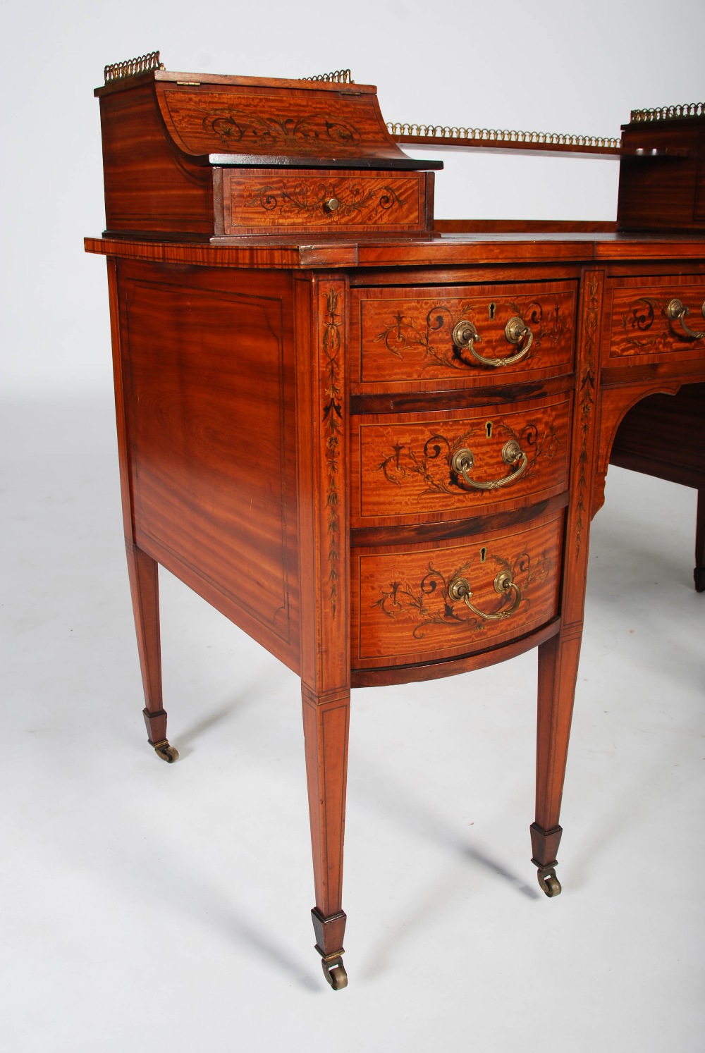 A late 19th century satinwood and marquetry inlaid desk by Maple & Co., the rectangular top with - Image 2 of 14