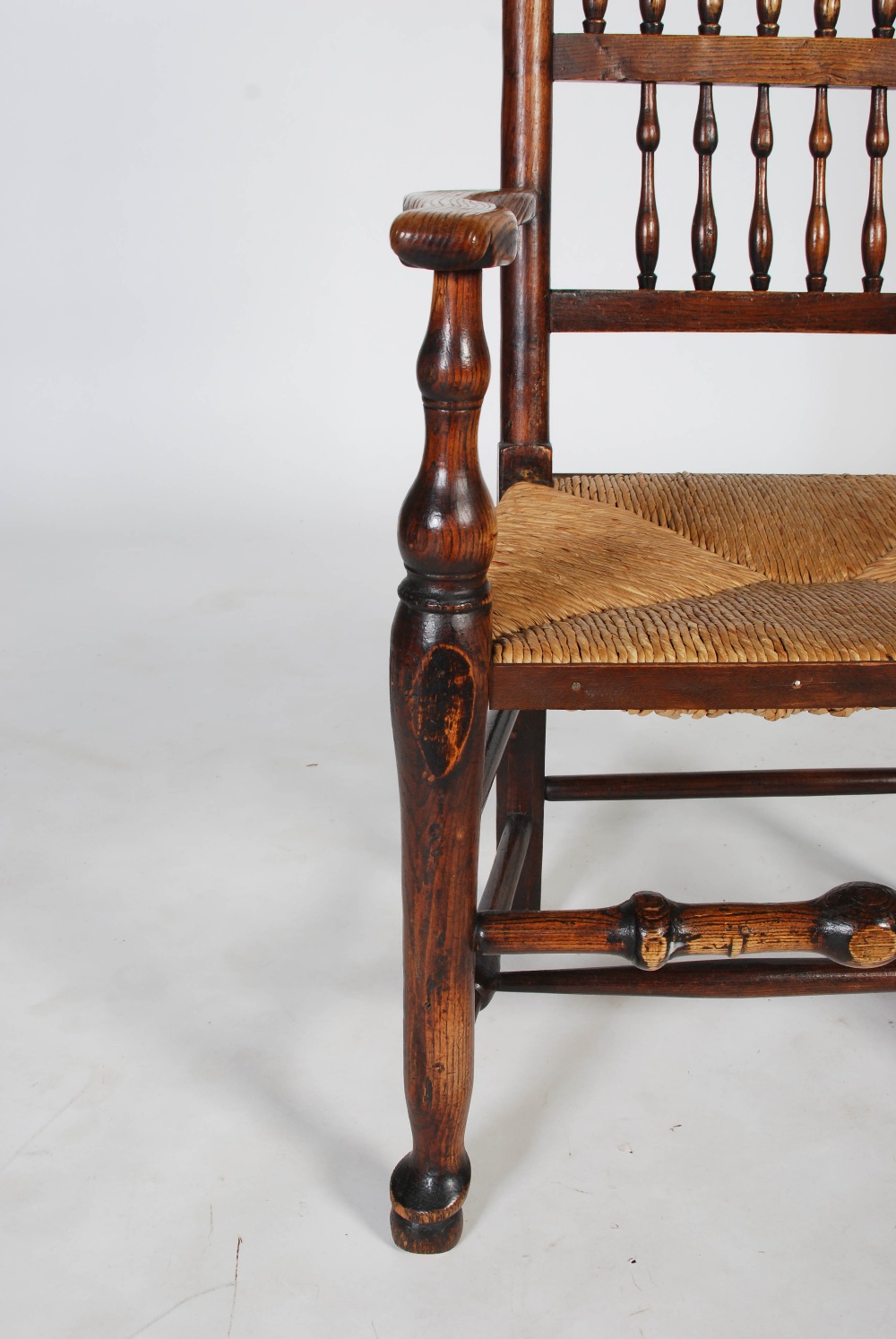 A set of eight 19th century ash Lancashire spindle back dining chairs, with woven rush seats, - Image 9 of 10