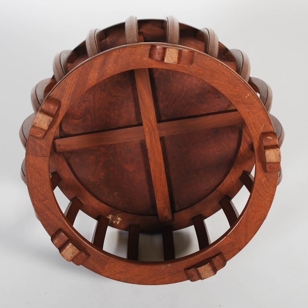 A Chinese dark wood and burr wood drum shaped jardiniere stand, the circular top with a burr wood - Image 4 of 5