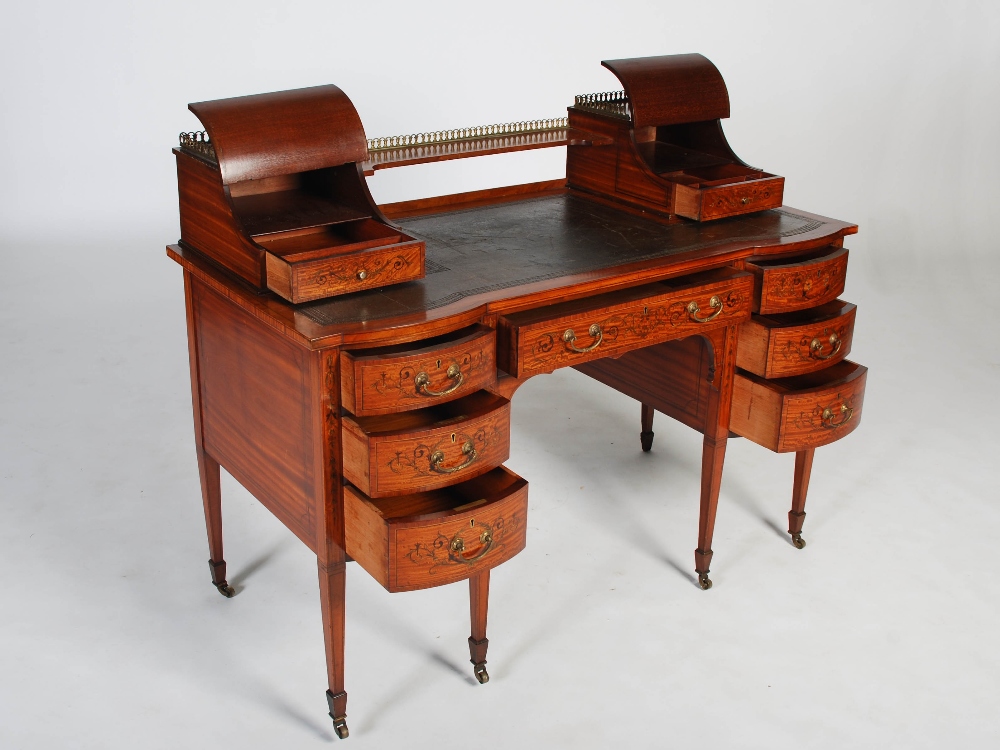 A late 19th century satinwood and marquetry inlaid desk by Maple & Co., the rectangular top with - Image 5 of 14