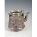 A Chinese pewter mounted yixing teapot and cover, the mounts cast with pairs of dragons and
