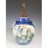 A Chinese porcelain powder blue ground jar and cover converted to a table lamp, late Qing Dynasty,