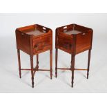 A pair of 19th century mahogany bedside lockers, the square tops with three quarter galleries and