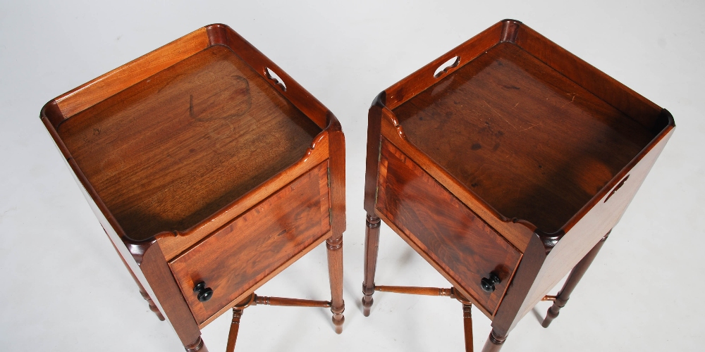 A pair of 19th century mahogany bedside lockers, the square tops with three quarter galleries and - Image 3 of 8