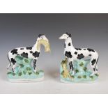 A pair of 19th century Staffordshire pottery Disraeli Greyhounds, with black markings, both modelled