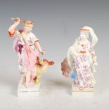 A pair of 18th/ 19th century English porcelain figures, the crowned male figure modelled standing